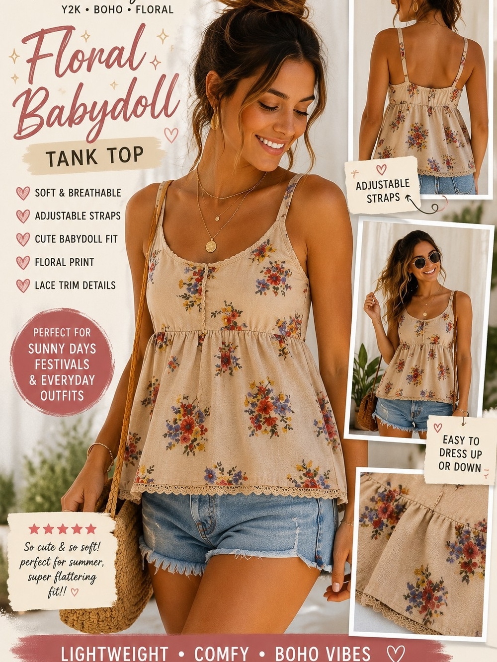 American Eagle Outfitters Beige Floral Babydoll Tank Top